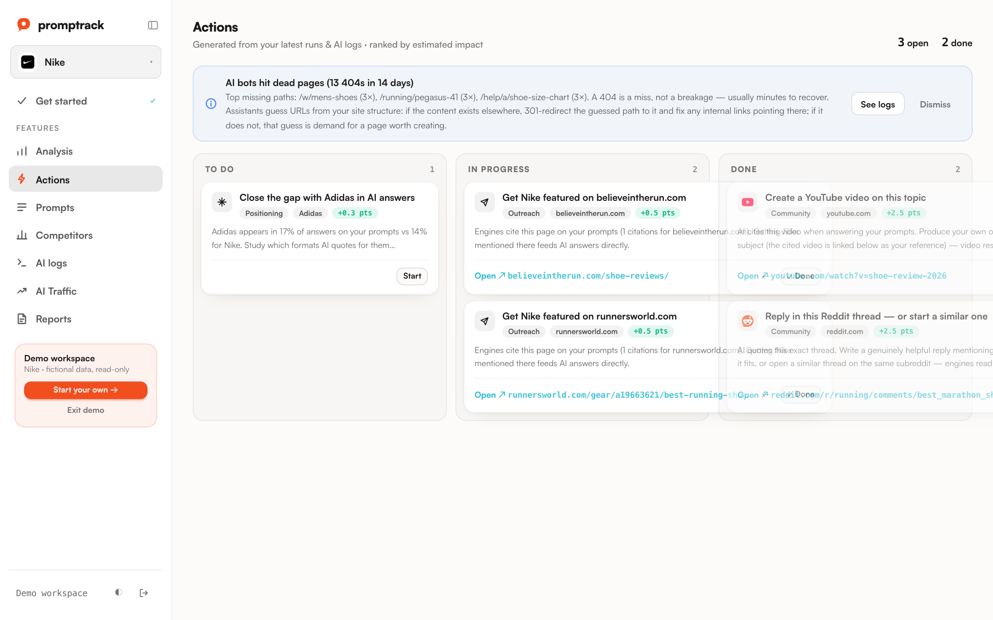 Promptrack actions kanban with prioritized recommendations