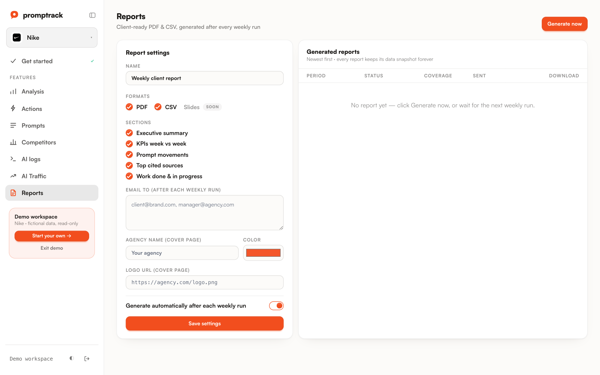 Promptrack white-label report settings and history