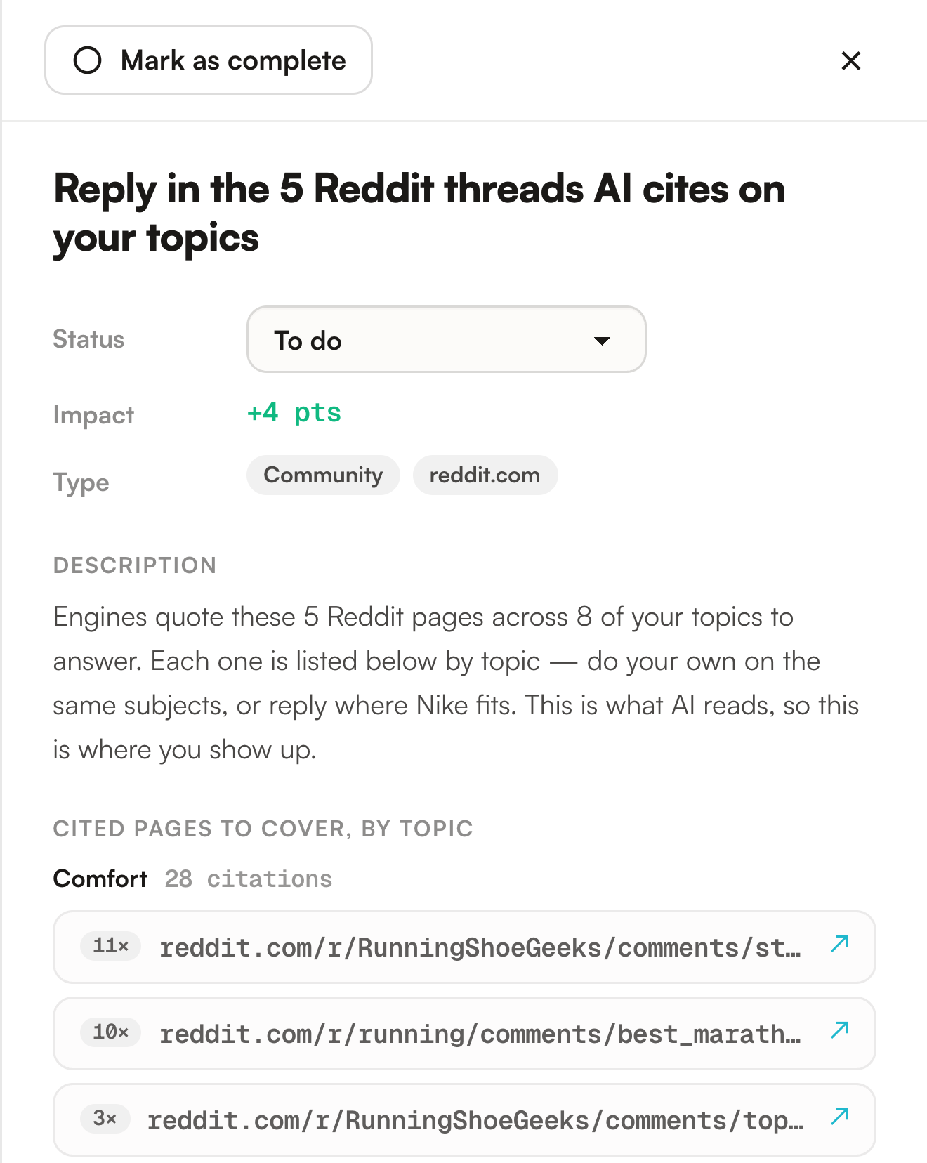 A community card opened, showing its status, impact, description and the cited pages grouped by topic