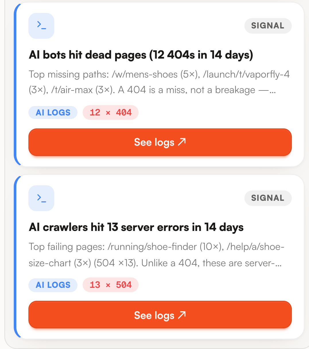 Two cards marked Signal, with no estimated impact, coming from the AI logs