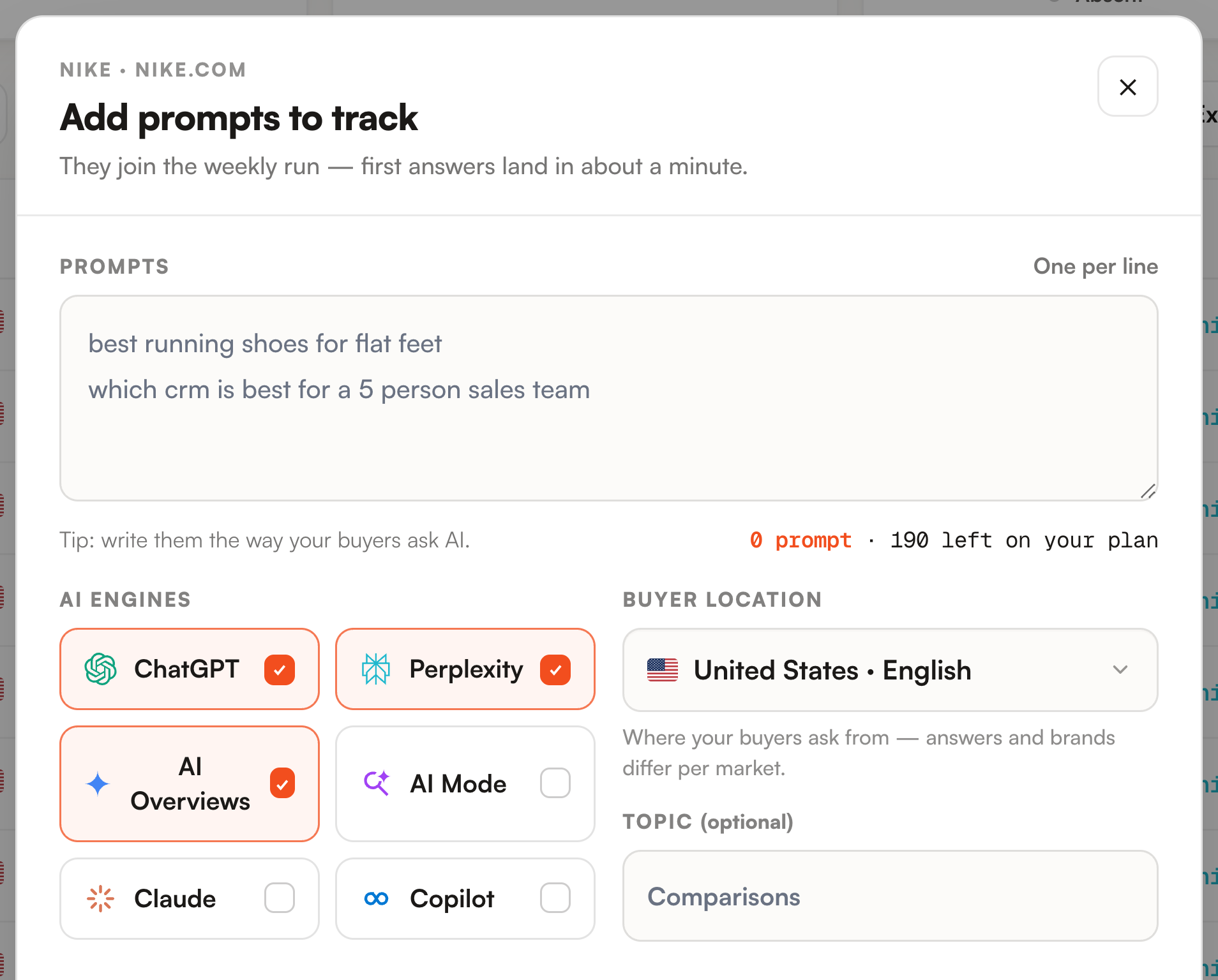 The Add prompts box, with the engine selector, buyer location and topic field