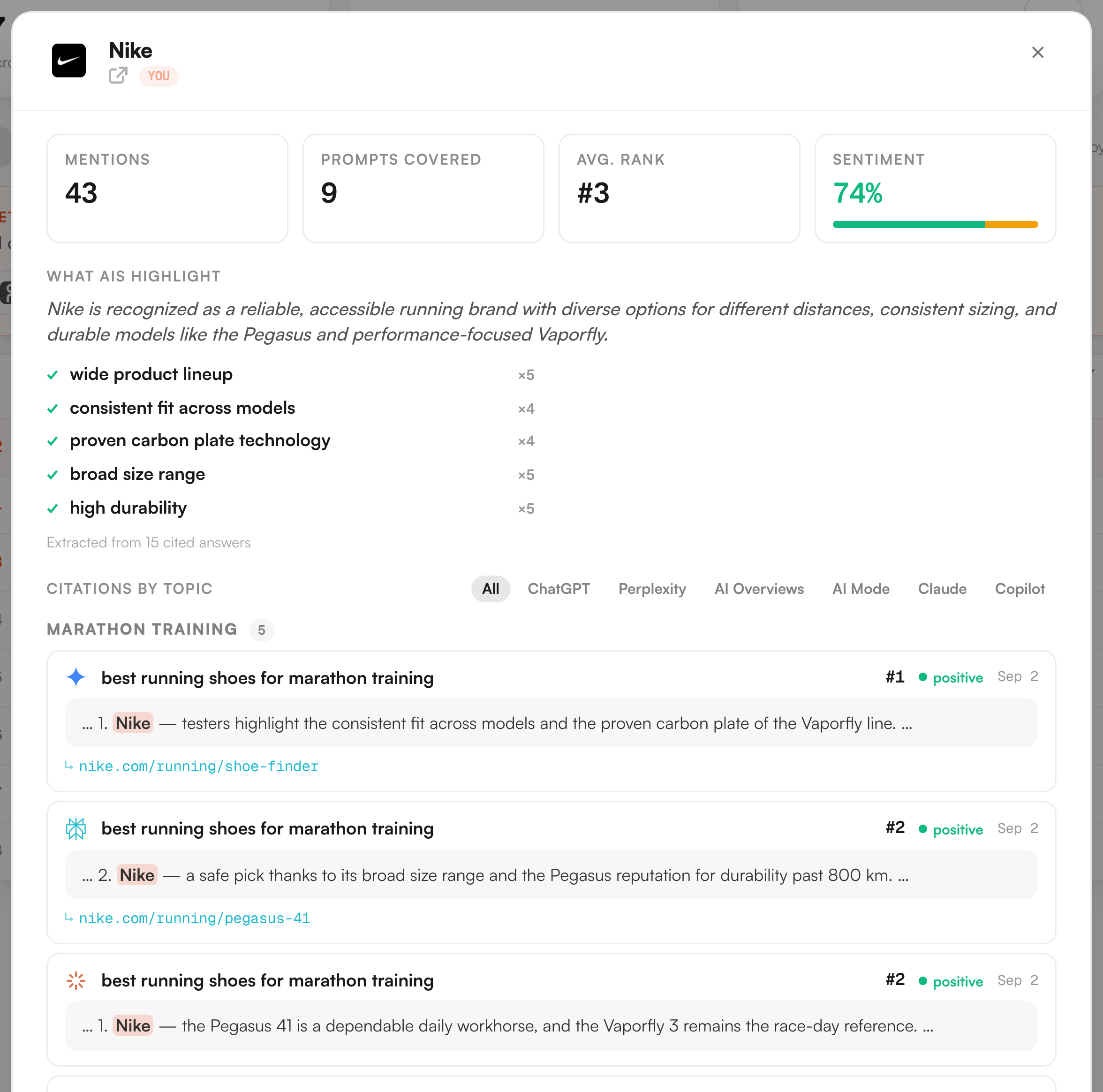 A competitor opened, showing the prompts it wins and how engines describe it