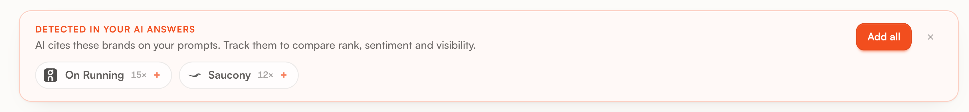 The Detected in your AI answers banner with two brand chips and an Add all button