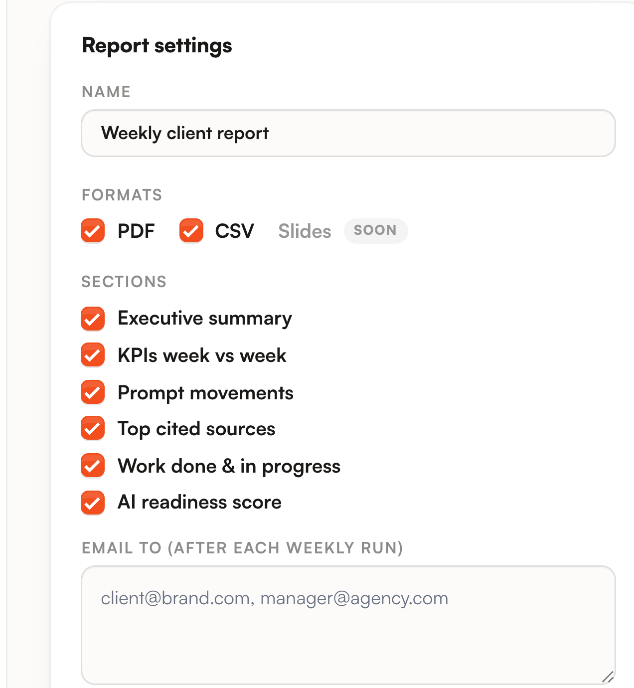 The report settings panel with the name, the two formats, the six sections and the recipients field