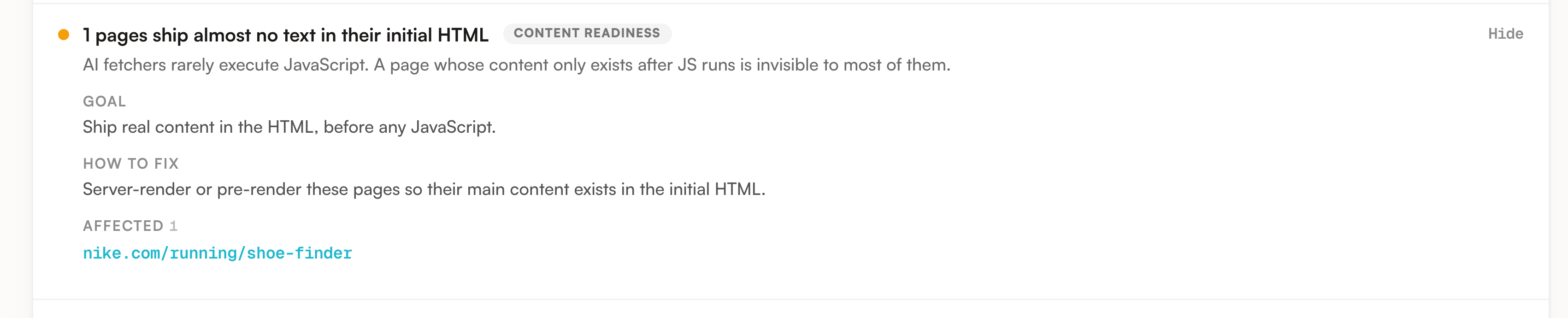 A finding expanded, showing Goal, How to fix and the affected page