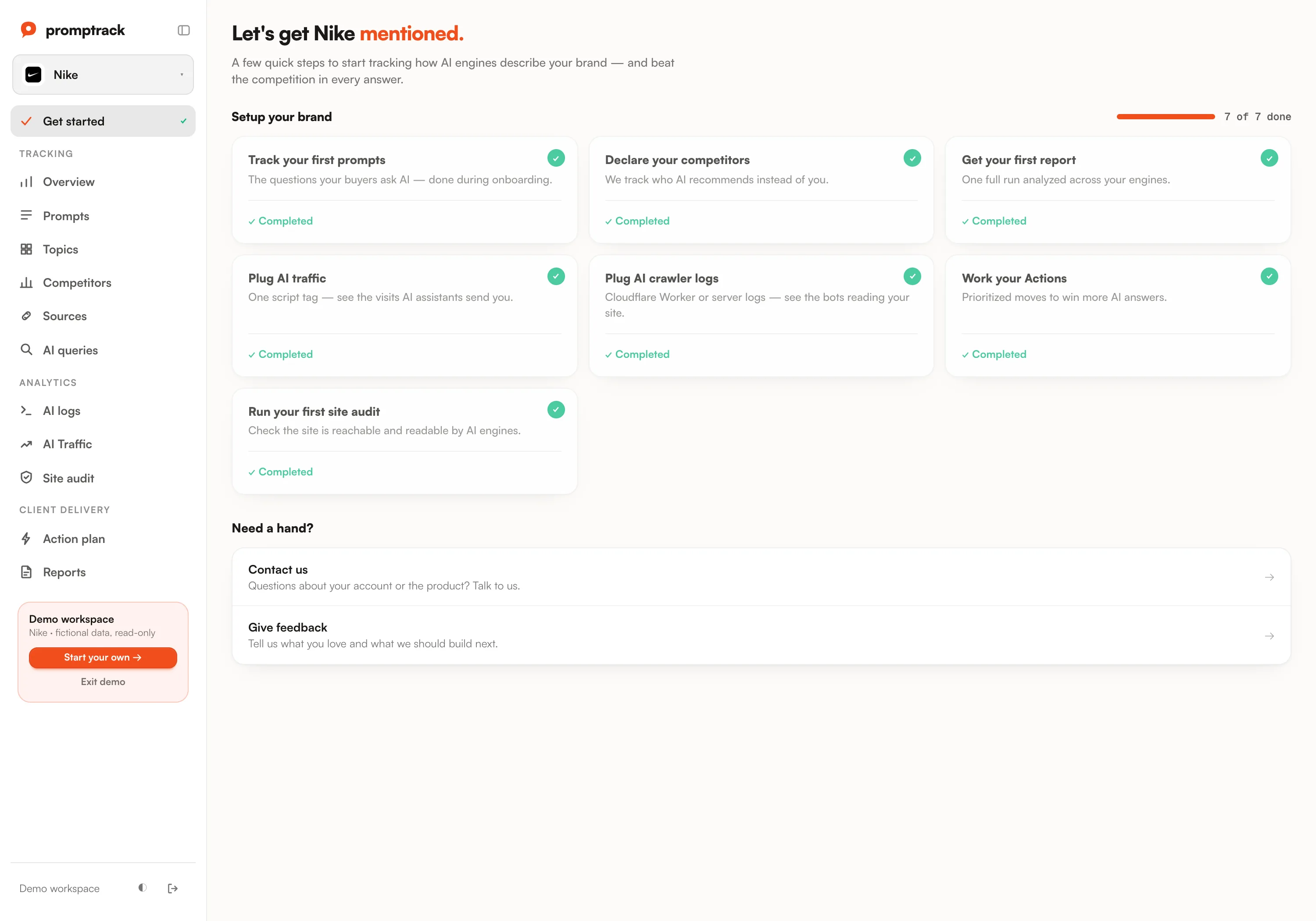 Brand setup checklist: prompts, competitors, report, traffic, logs, audit