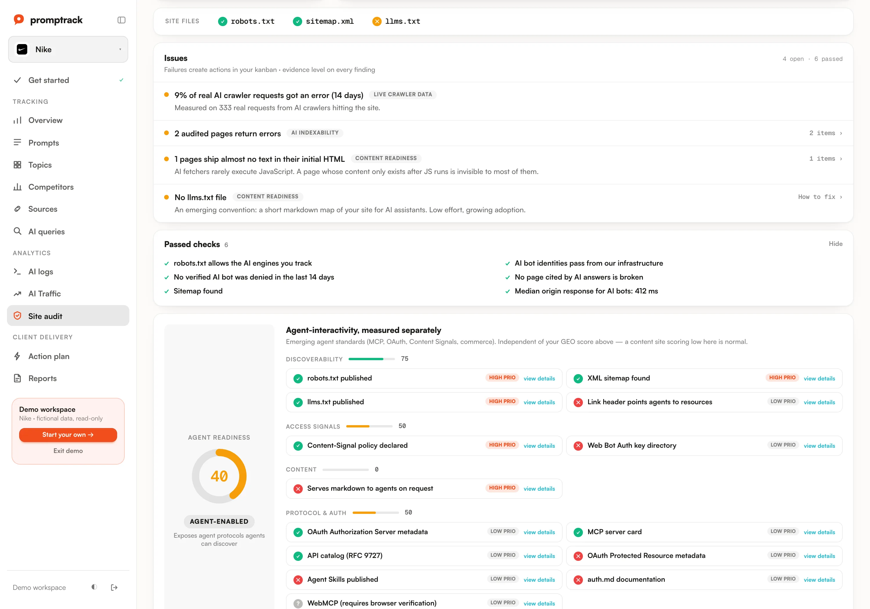 GEO site audit rankings in the Promptrack dashboard