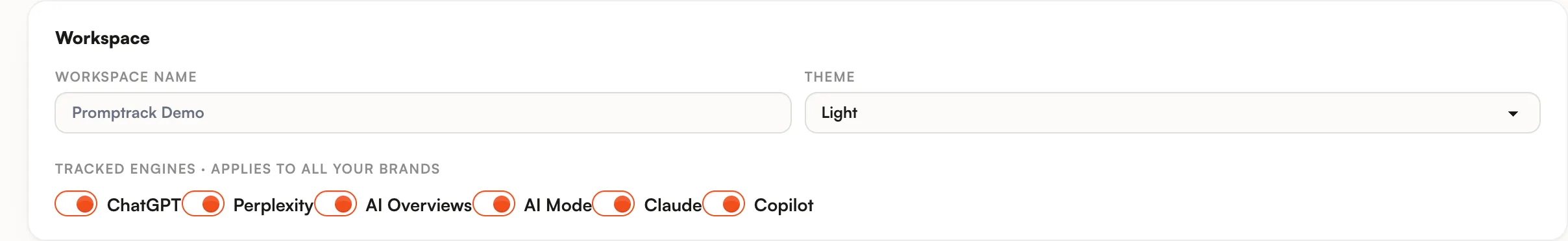 Tracked engines toggles in the workspace settings