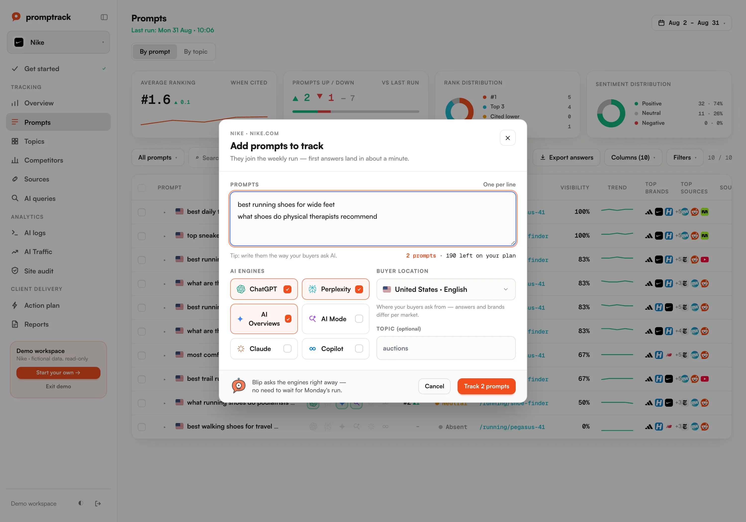 AI prompt tracking rankings in the Promptrack dashboard