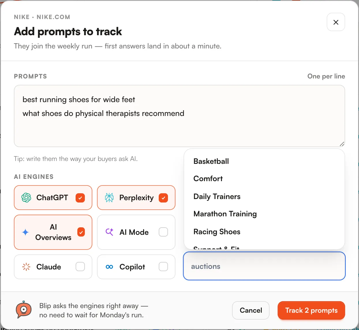 Adding prompts with topic suggestions from the existing library
