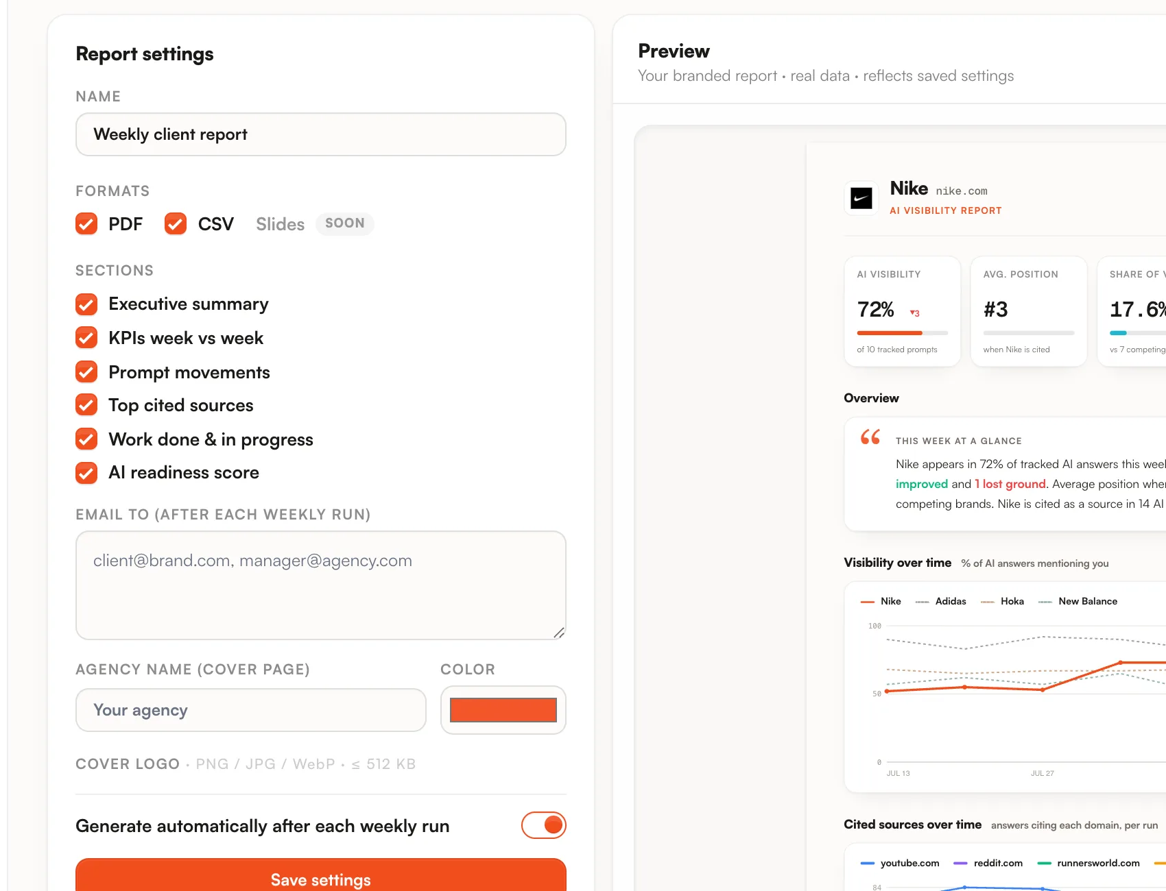Report configuration: sections and recipients