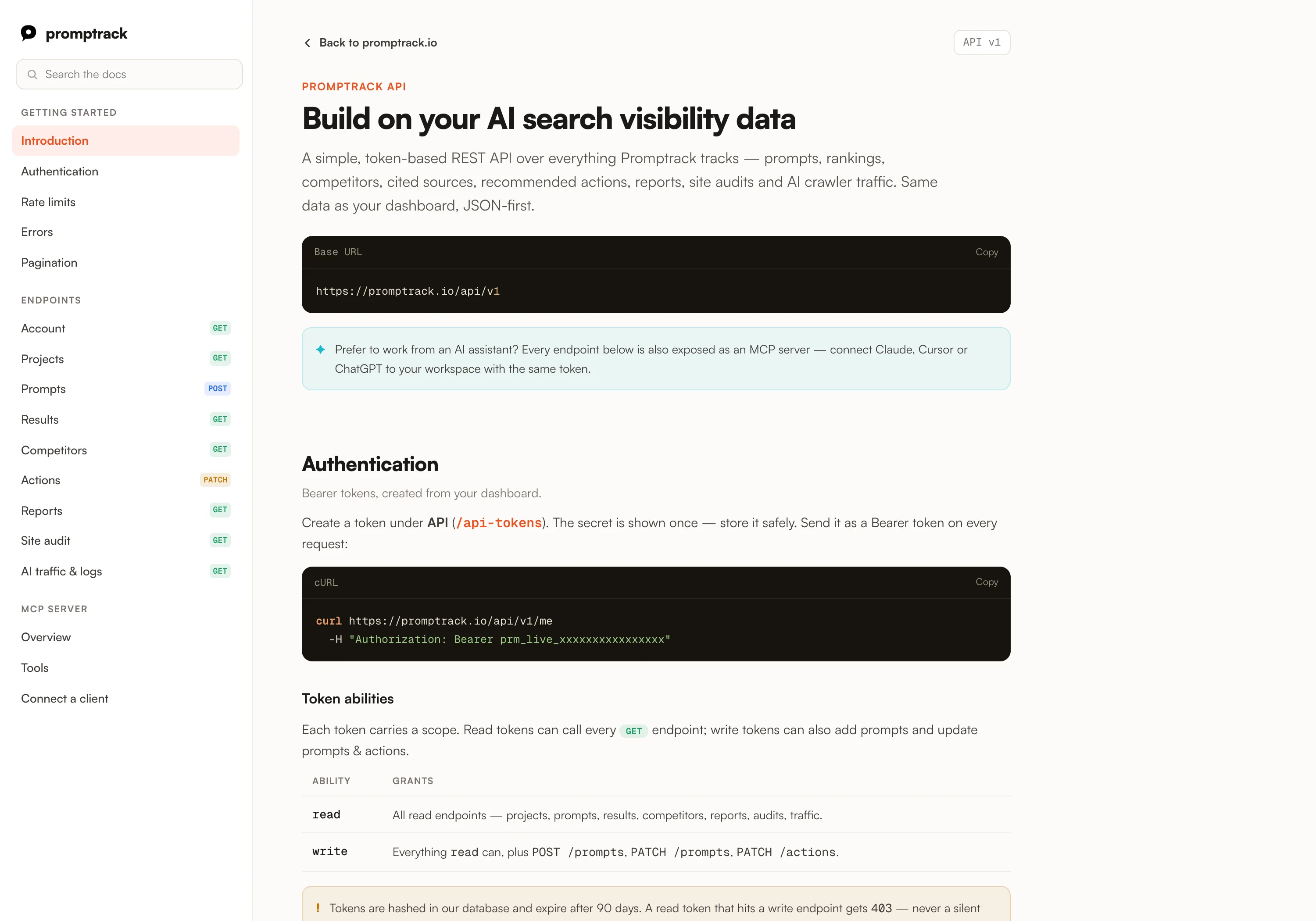 Promptrack REST API and MCP server documentation