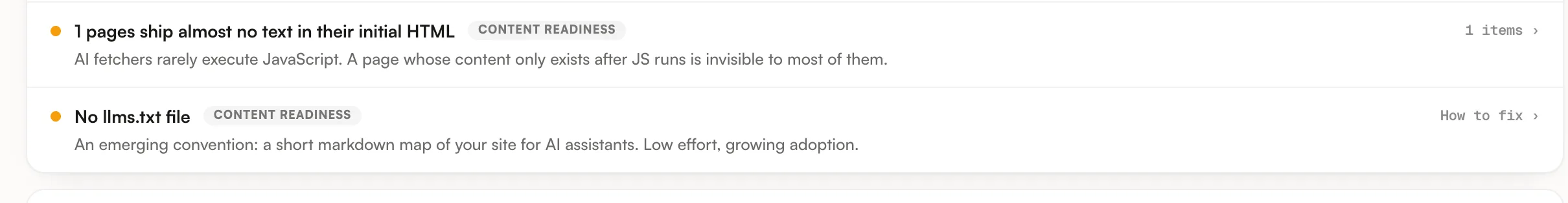 Content readiness issues flagged by the site audit